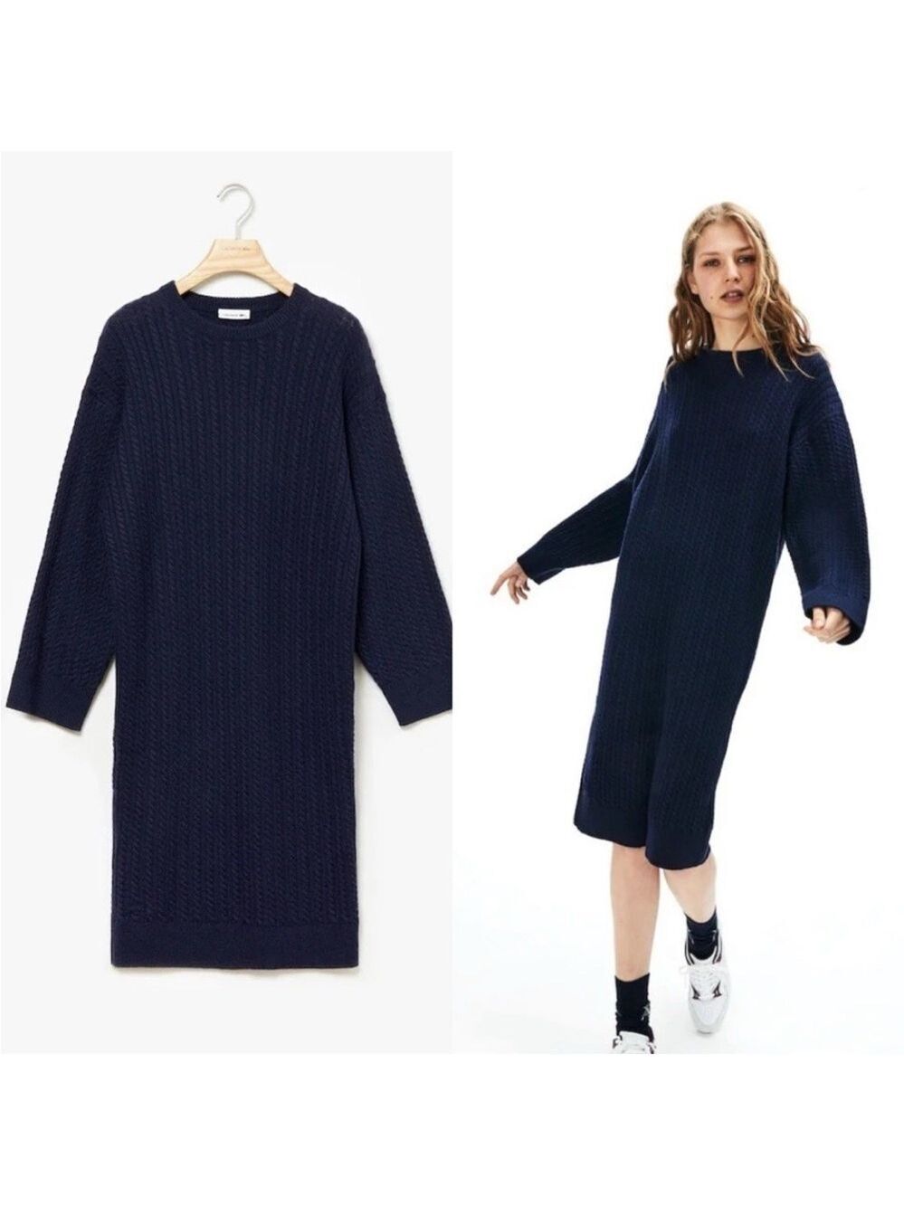 Lacoste Dark Blue Long Sleeve Sweater Dress Cashmere Wool SZ 38 or Medium